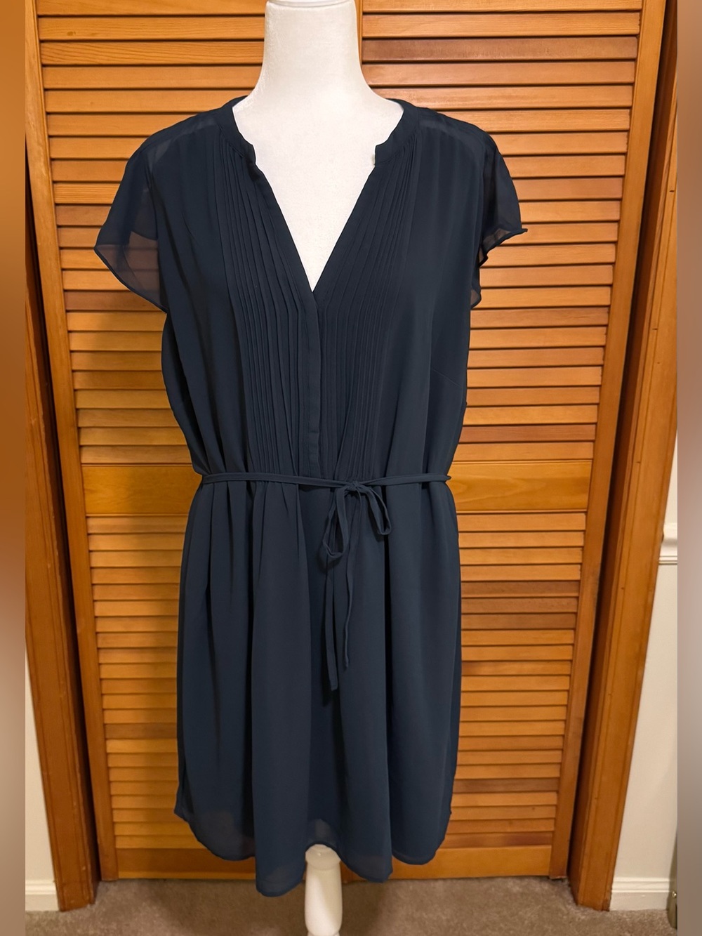 H&M Navy Pleated V-Neck Tie-Waist Mini Dress